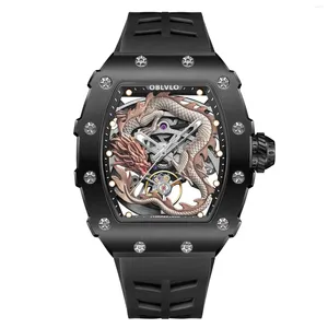 Polshorloges oblvlo mannen automatisch horloge tonneau mechanische polshorloge lumineuze 50m waterdichte saffier holte uit draken wijzerplaat rubberen riem