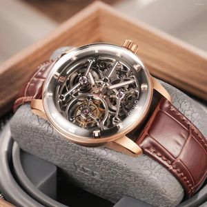 Montre-bracelets Oblvlo Men Flying Tourbillon Mechanical Watches Dome Sapphire Glass Rose Gold Case Skeleton Skeleton Dial Transparent Manual Wind