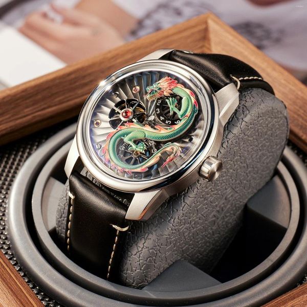 Relojes de pulsera OBLVLO Reloj mecánico de cuero con ruedas dobles para hombre Reloj mecánico de lujo Dragón verde Luminoso Impermeable Automático JM-DRAGON