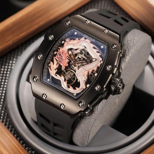 Montre-bracelets Object Mens Watch Black Pvd Tonneau Sport Trend Fashion Trend Luminal Empilproof Rubbery Band Gold Dragon masculin Watches XM-Dragon