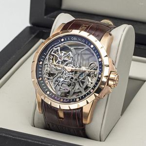 Polshorloges oblvlo topmerk casual mannen mechanische horloges rosé goud steampunk skelet automatisch echt lederen waterdicht horloge