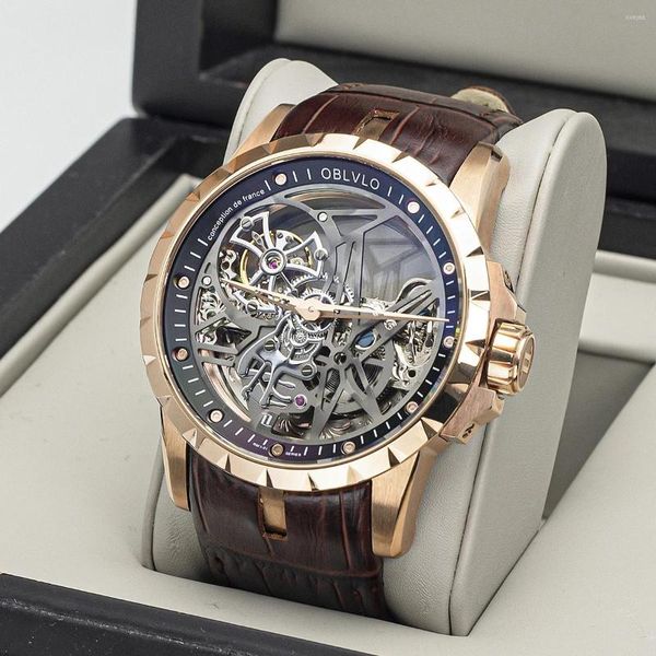 Muñecos de pulsera Oblvlo Top Brand Men casual relojes mecánicos Gold Steampunk Skeleton Automático de cuero genuino Reloj impermeable