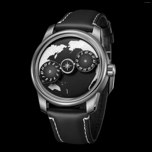 Relojes de pulsera OBLVLO Único Dial de Tierra Reloj para hombres Creativo Tres Ruedas Automático Mecánico Zafiro Vidrio Luminoso Relojes a prueba de agua