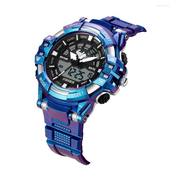 Relojes de pulsera OHSEN azul para hombre, relojes deportivos impermeables de cuarzo para hombre y mujer, reloj de pulsera Digital de doble horario, reloj Masculino 2023