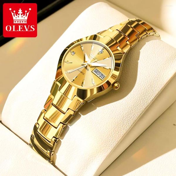 Relojes de pulsera OLEVS 2024 Moda Tungsteno Acero Oro Relojes de mujer Manos luminosas Reloj de cuarzo impermeable con calendario de semana