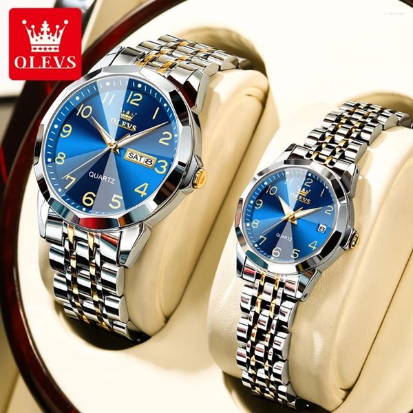 Relojes de pulsera OLEVS 9970 Reloj de pareja de cuarzo de lujo para hombres Mujeres Número Dial Rombo Espejo Reloj de mano Relojes originales de acero inoxidable