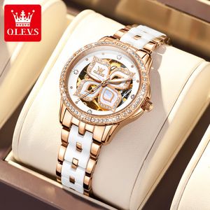 Montres-bracelets OLEVS automatique squelette montre pour femmes de luxe en or rose mécanique dames montres bracelet en céramique diamant montre-bracelet Reloj Mujer 230922