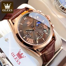 Montres-bracelets OLEVS hommes montres de luxe multifonctionnel véritable bracelet en cuir montre pour hommes Quartz Sport étanche montre-bracelet Reloj Hombre 230905