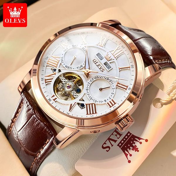 Mujeres de pulsera Olevs Top Brand Automatic Watch for Men Chronograph Moon Phase Calendar Correa de cuero Cuarzo de muñeca impermeable a prueba de agua 231027