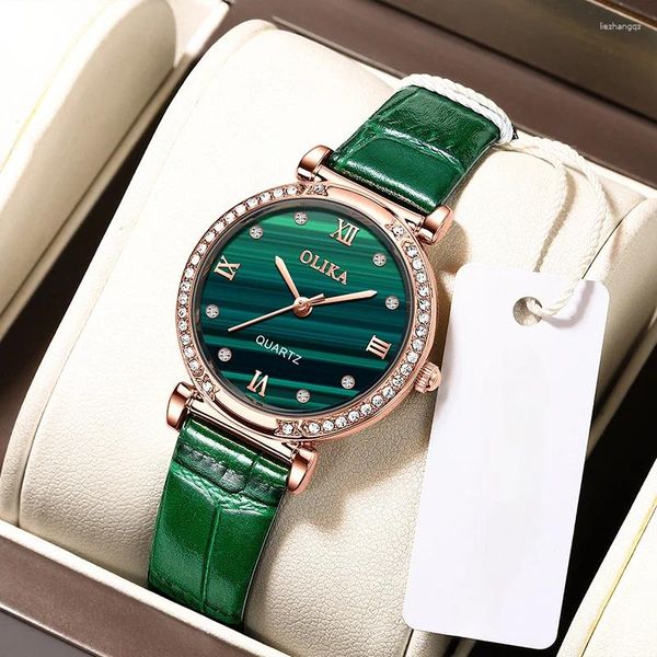 Montre-bracelets OLIKA High Quality Ladies Watch Top en acier inoxydable Femmes en cuir vert Diamond Quartz Corloge étanche