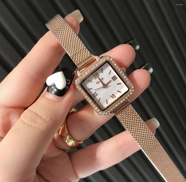 Relojes de pulsera OLIYA, reloj cuadrado Retro sencillo con diamantes de lujo para mujer, regalo mágico de vacaciones, fiesta con correa de malla