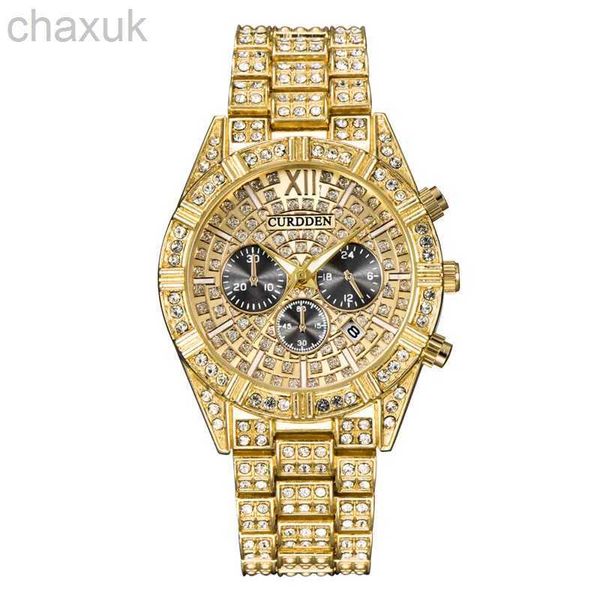 Montre-bracelets marques de luxe Curdden Hip Hop Hop Mens Fashion Diamond Date Quartz Golden Watch Relojes Lujo Marcas Men D240417