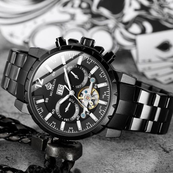 Montres-bracelets Orkina Black Steel Mens Business Tourbillion Calendrier Affichage Luminours Mains Hommes Montre-bracelet automatique Top Clock