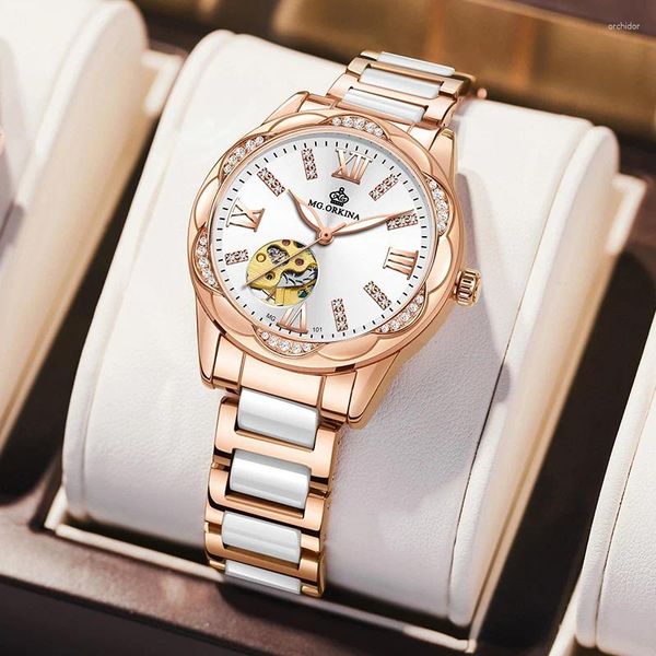 Relojes de pulsera ORKINA Cerámica Relojes para mujer Marca de lujo Casual Diamante Mujer Reloj de pulsera mecánico Reloj calado Relogio Feminino La mejor calidad