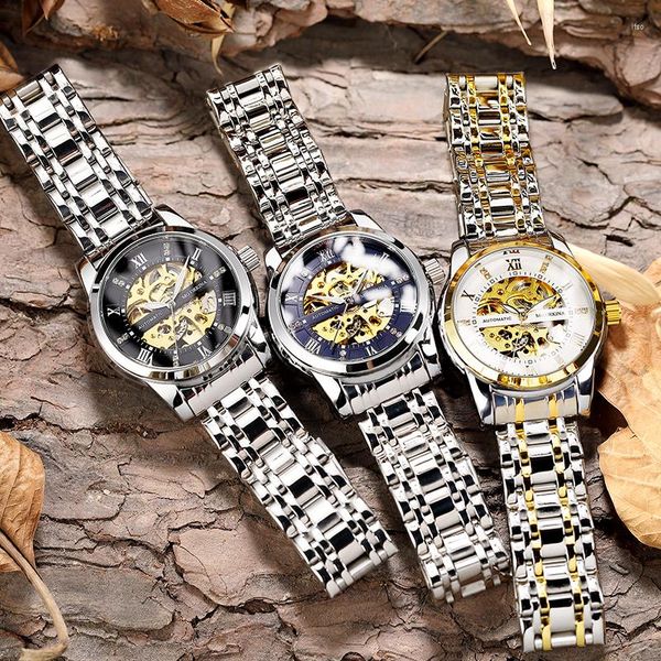 Relojes de pulsera Orkina, reloj mecánico automático Retro transparente a la moda para hombre, reloj de hombre esqueleto con manecillas luminosas negras completas
