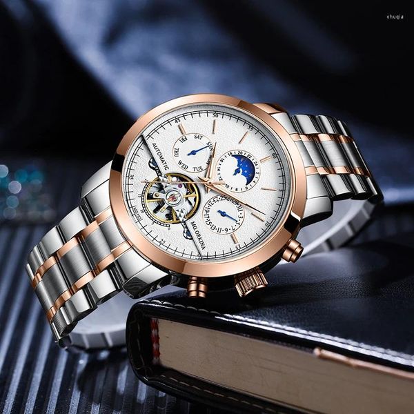 Relojes de pulsera ORKINA Hombres Relojes Tourbillon Automático Mecánico Día Fecha Vestido Reloj de pulsera Impermeable Banda de acero inoxidable Esqueleto Masculino