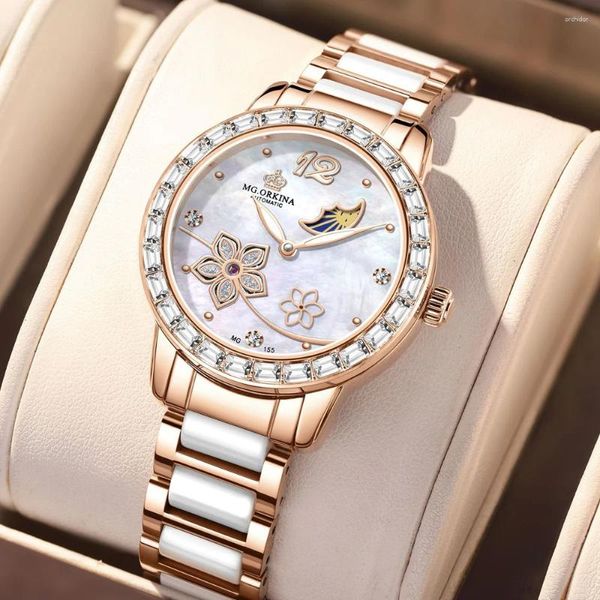 Relojes de pulsera ORKINA Original Elegante Relojes para mujer Marca de lujo Cerámica Automática Esqueleto Reloj de pulsera Reloj mecánico de diamante para