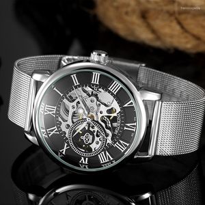 Montres-bracelets ORKINA montre hommes mode squelette montres noir acier inoxydable maille bande mécanique main vent Reloj Hombre