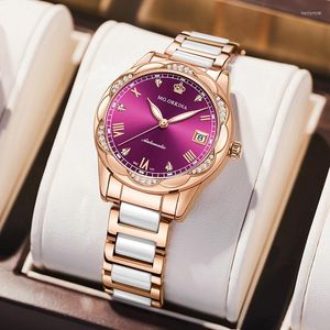 Polshorloges orkina vrouwen paarse klassiek automatisch zelfwind horloge vrouwelijk elegante klok luxe cadeau horloges dames mechanische polshorloge