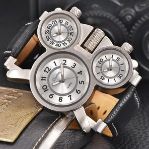 Relojes de pulsera Oulm 1167 Three Time Zone Sport Relojes de cuarzo para hombres Big Dial Casual Reloj de pulsera de cuero genuino Top Reloj masculino
