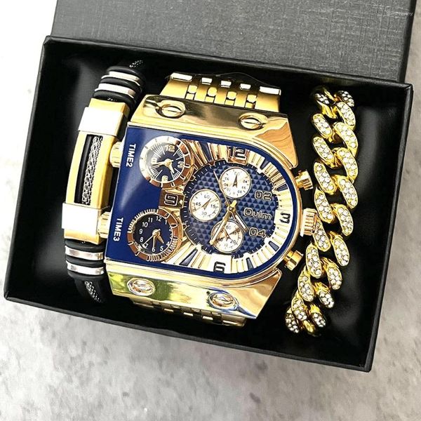 Relojes de pulsera Oulm 3 Set Relojes de pulsera dorados para hombres Impermeable Acero inoxidable Dial grande Oro Masculino Relogio Masculino