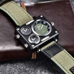 Montres-bracelets Oulm 3595 vert montres hommes haut tissu grande taille horloge à Quartz 3 fuseau horaire mâle Sport montre Relogio Masculino