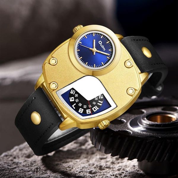 Relojes de pulsera Oulm 5195 Relojes de oro para hombres Diseño antiguo Dos zonas horarias Correa de cuero Reloj de pulsera Reloj masculino Reloj de cuarzoRelojes de pulsera Wris