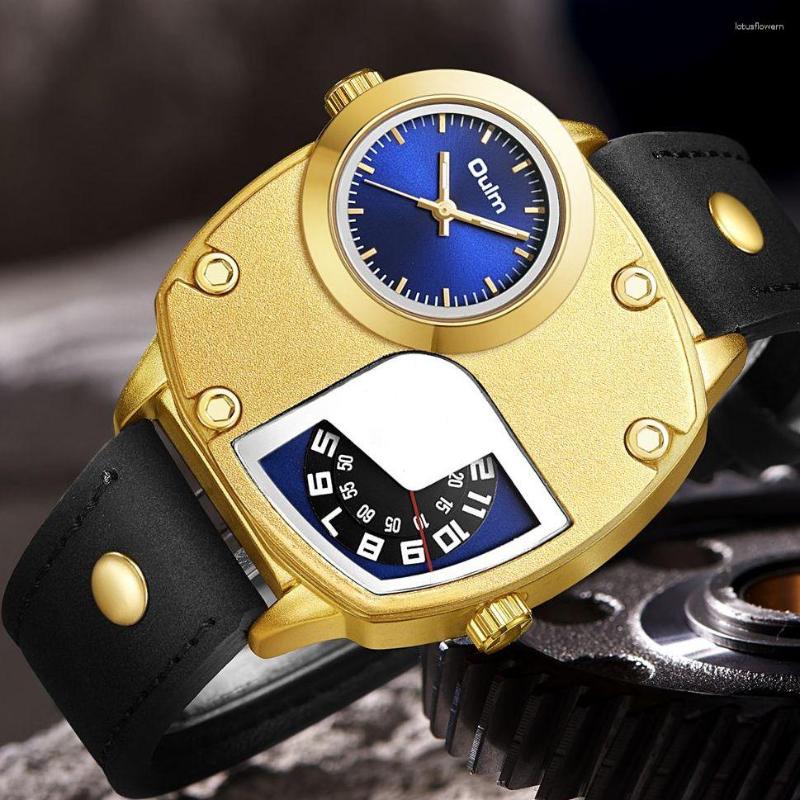 OULM Irregular Two Time Zones Blue/Yellow Leather Strap Men Military Wrist  Watch