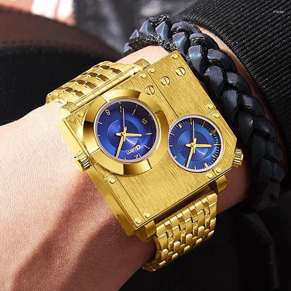 Relojes de pulsera Oulm Golden Top Relojes para hombres Reloj de cuarzo de acero inoxidable Dos zonas horarias Reloj masculino único Relogio Masculino 2023