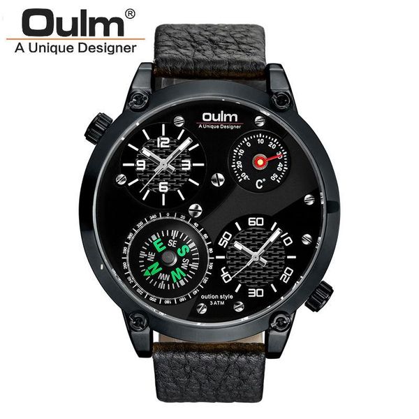 Montres-bracelets Oulm Hommes Waches Hommes Montres Bracelet En Cuir Deux Fuseaux Horaires Quartz Militaire Sport Montre Homme