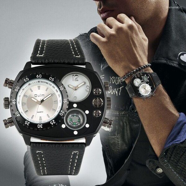 Relojes de pulsera Oulm para hombre Steampunk Reloj de pulsera de cuarzo Muliti Time Decoration Brújula Dial Correa de cuero genuino
