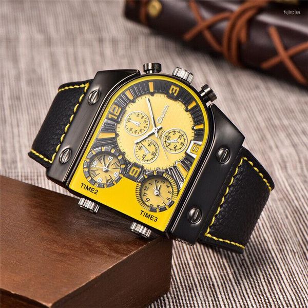 Montres-bracelets Oulm Montre pour homme 9315 Sport Cadran jaune Montres Montre-bracelet en cuir à double fuseau horaire