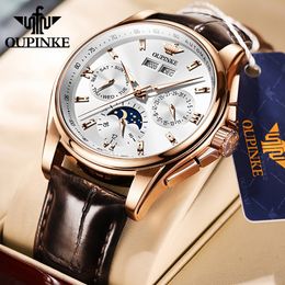 Horloges OUPINKE Herenhorloges Luxe automatisch mechanisch wirstwatch Maanfase saffier multifunctioneel horloge voor heren Leren armband 230825