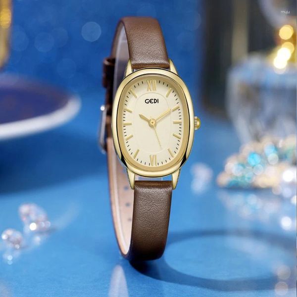 Montres-bracelets ovale disque lumière luxe simple vintage en acier inoxydable femme montre en cuir véritable quartz femmes automatique sport