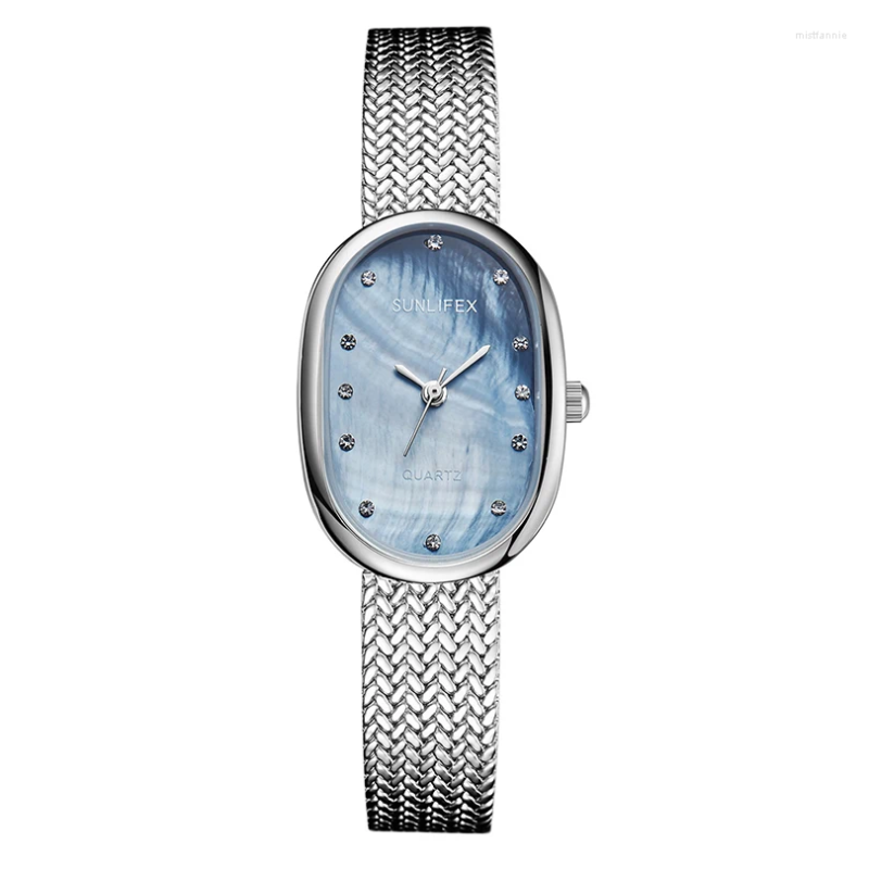 腕時計の楕円形の女性用四角い腕時計ラグジュアリーレディースダイヤモンド成分ステンレススチールブラックレザー長方形ゴールド