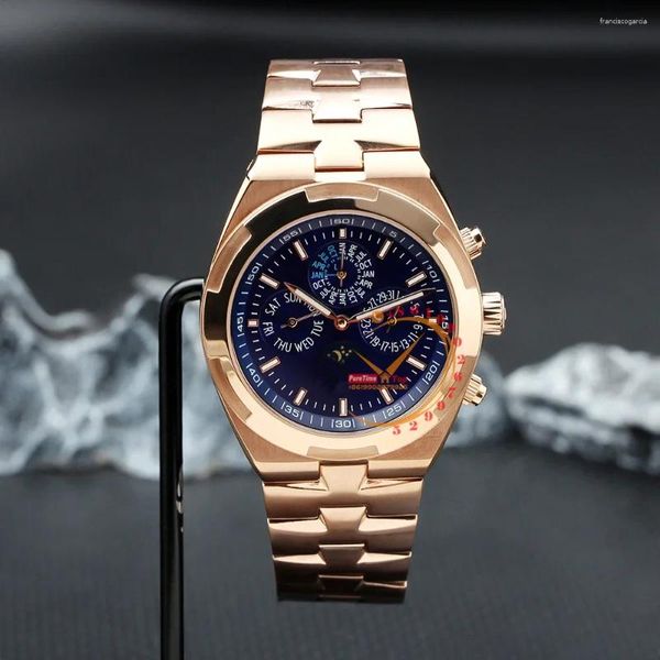 Relojes de pulsera Calendario perpetuo en el extranjero Ultra-Thin 4300V Automático Reloj para hombre Fase Luna Rosa Oro Azul Dial Pulsera de acero 2023 Top Brand