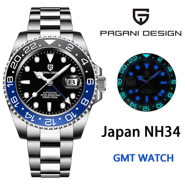 Montres-bracelets PAGANI DESIGN Japon NH34 GMT Hommes Montre Mécanique De Luxe Saphir Verre AR Revêtement Montre Automatique pour Hommes relogio masculino 230113