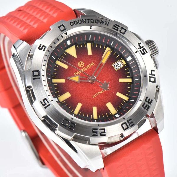 Relojes de pulsera PARNSRPE Japón NH35A Movimiento Est Reloj mecánico para hombres Vibrante Característica Rojo Cepillado Diseño de bisel giratorio