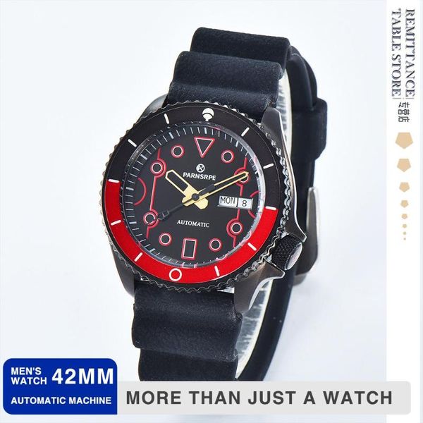 Relojes de pulsera Parnsrpe - Reloj de lujo informal con cristal de zafiro para hombre NH35A Buceo PVD Caja negra Patrón rojo Mecánico automático