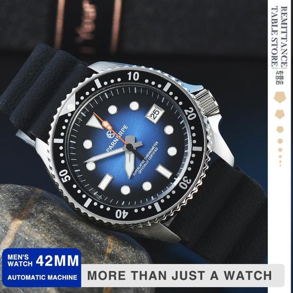 Relojes de pulsera Parnsrpe - Reloj para hombre azul degradado de lujo Japón NH35A Cristal de zafiro Super brillante Gran tornillo luminoso impermeable