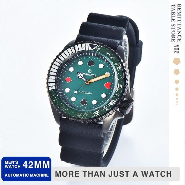 Relojes de pulsera Parnsrpe - Reloj de hombre con esfera aséptica de póquer verde de lujo NH35A Corona de cristal de zafiro Caja sellada a prueba de agua