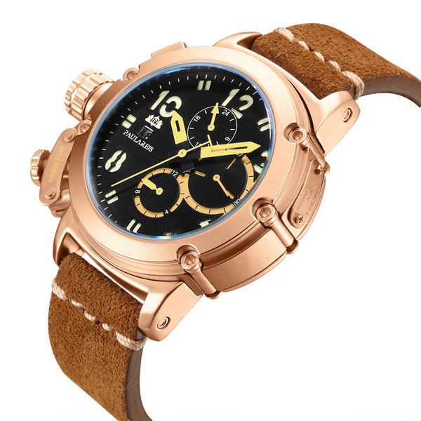Relojes de pulsera PAULAREIS completamente automático mecánico multifuncional cuero luminoso oro rosa reloj para hombre RELOJ AUTOMÁTICO