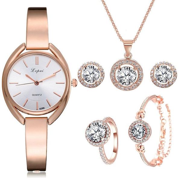 Relojes de pulsera PCS Traje Esposas Reloj Mujer Collar de oro rosa Anillo Combinación Reloj Reloj de pulsera de cuarzo Regalo Miss Relojes RelojRelojes de pulsera