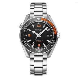 Montres-bracelets PHYLIDA 43.5mm Montre automatique pour homme noir avec cadran orange saphir cristal céramique insert NH35 mouvement 500m bracelet fermoir