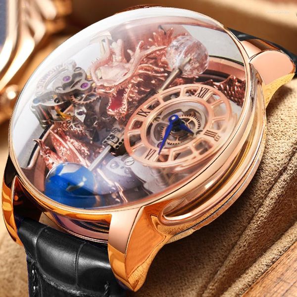 Montres-bracelets PINDU Design Art Astronomique Sculpture Traditionnelle Artisanat Dragon Dor En Trois Dimensions Montre Homme Boîtier Transparent