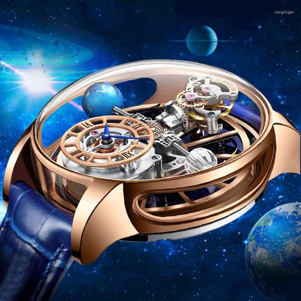 Relojes de pulsera PINDU DESIGN Astronomia Celestial SeriesTourbillon Reloj Hombre El Hombre transparente Relojes Reloj de pulsera de cuarzo Reloj Hombre