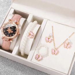 Polshorloges Pink Pearl Butterfly Watches for Women Fashion Rhinestone Casual Bracelet Watch Simple Female Clock Ladies Quartz