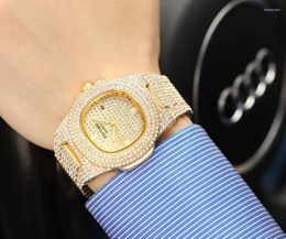 Relojes de pulsera PINTIME Moda Hombres Mujeres Diamante Bling Iced Out Reloj de oro Lujo Cuarzo Vestido casual Negocios Wrsitwatches Reloj de regalo Montre