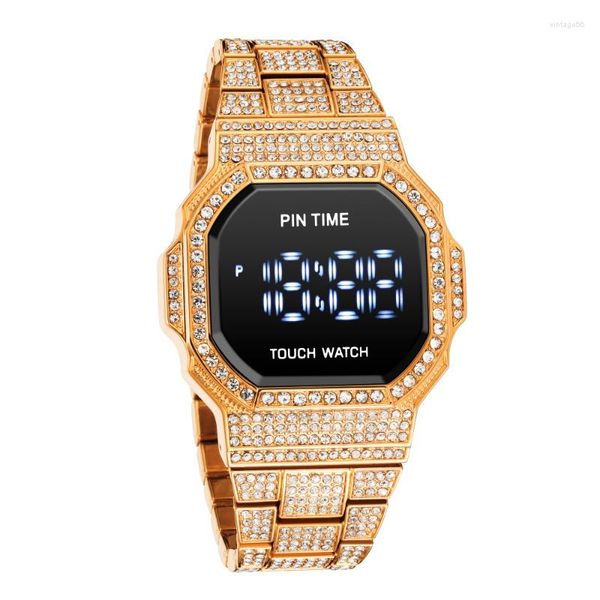 Relojes de pulsera PINTIME Reloj de lujo para hombre Fasion Diamond Bling Iced Out Pantalla LED Relojes digitales Hombre Casual Reloj de pulsera de cristal Reloj Hombre