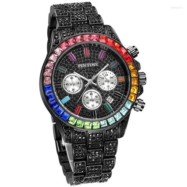 Relojes de pulsera PINTIME Hombre Reloj de pulsera Reloj Hombre Zegarek Meski Montre Cuarzo Hombres Lujo Diamante completo Hip Hop Oro Negro Iced Out Relojes